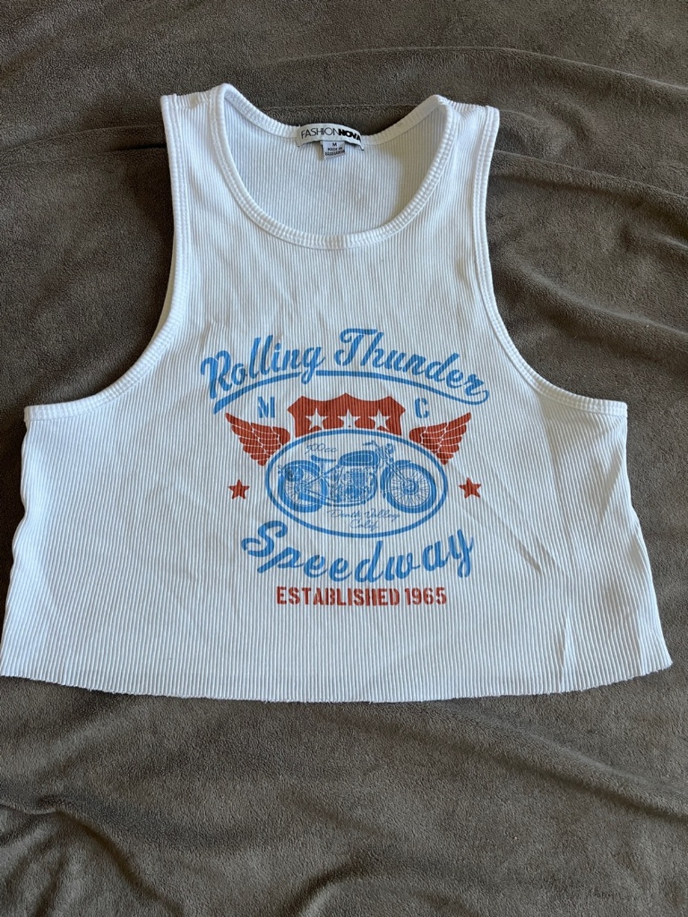 Fashion Nova White Crop Tank with Blue & Red Speedway Graphic